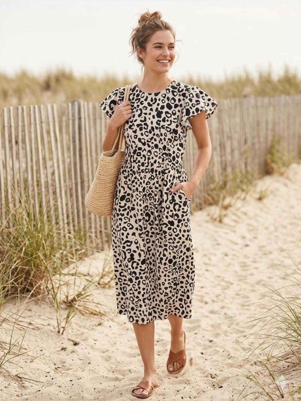 Who What Wear Leopard Print Midi Dress Linen Blend Flutter Sleeve Boho Pockets S